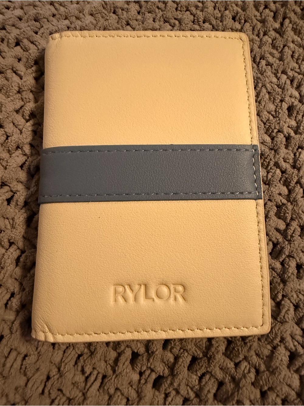 Rylor Leather Card Holder Wallet in White with Blue Stripe